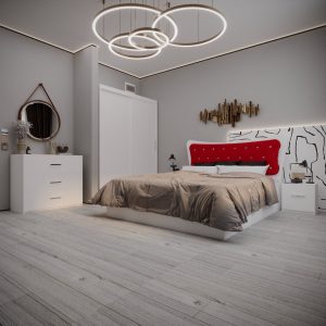 Set Dormitor Dante Alb cu pat Alb cu tapiterie Rosie noptiere comoda si Dressing Fara Oglinda Alb 150x200cm