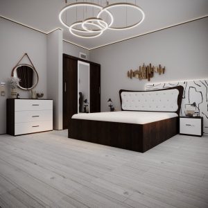 Set Dormitor Dante Wenghe cu pat wenge cu tapiterie alba noptiere comoda si dressing wenge 250x200cm cu oglinda