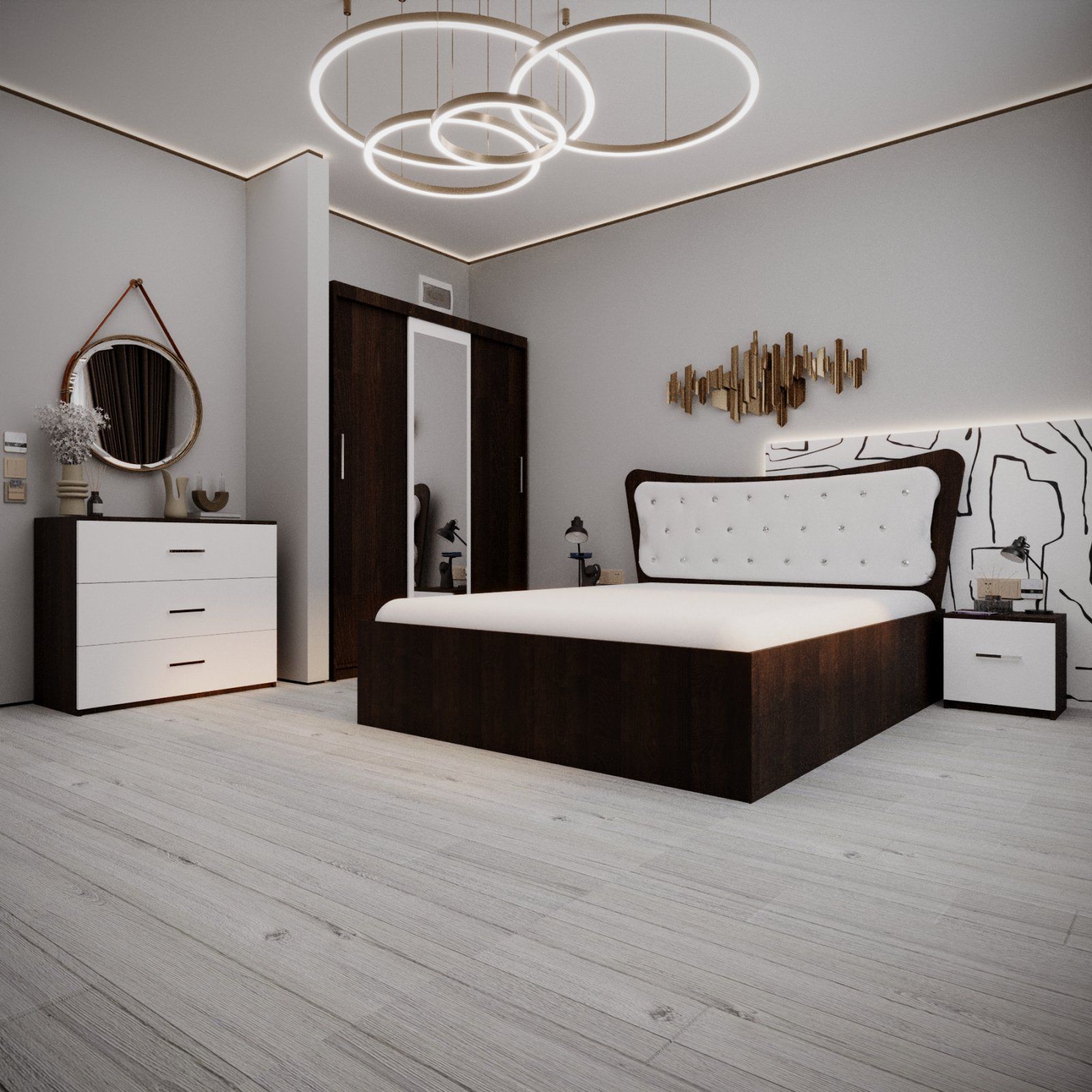 Set Dormitor Dante Wenghe cu pat wenge cu tapiterie alba noptiere comoda si dressing wenge 250x200cm cu oglinda