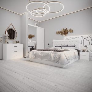 Set Dormitor Dante Alb cu pat tapitat, noptiere, comoda si dressing cu oglinda 150x200 cm
