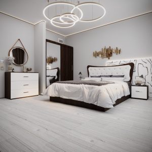 Set Dormitor Dante Wenghe cu pat wenge cu tapiterie alba noptiere comoda si dressing wenge150x200cm cu oglinda