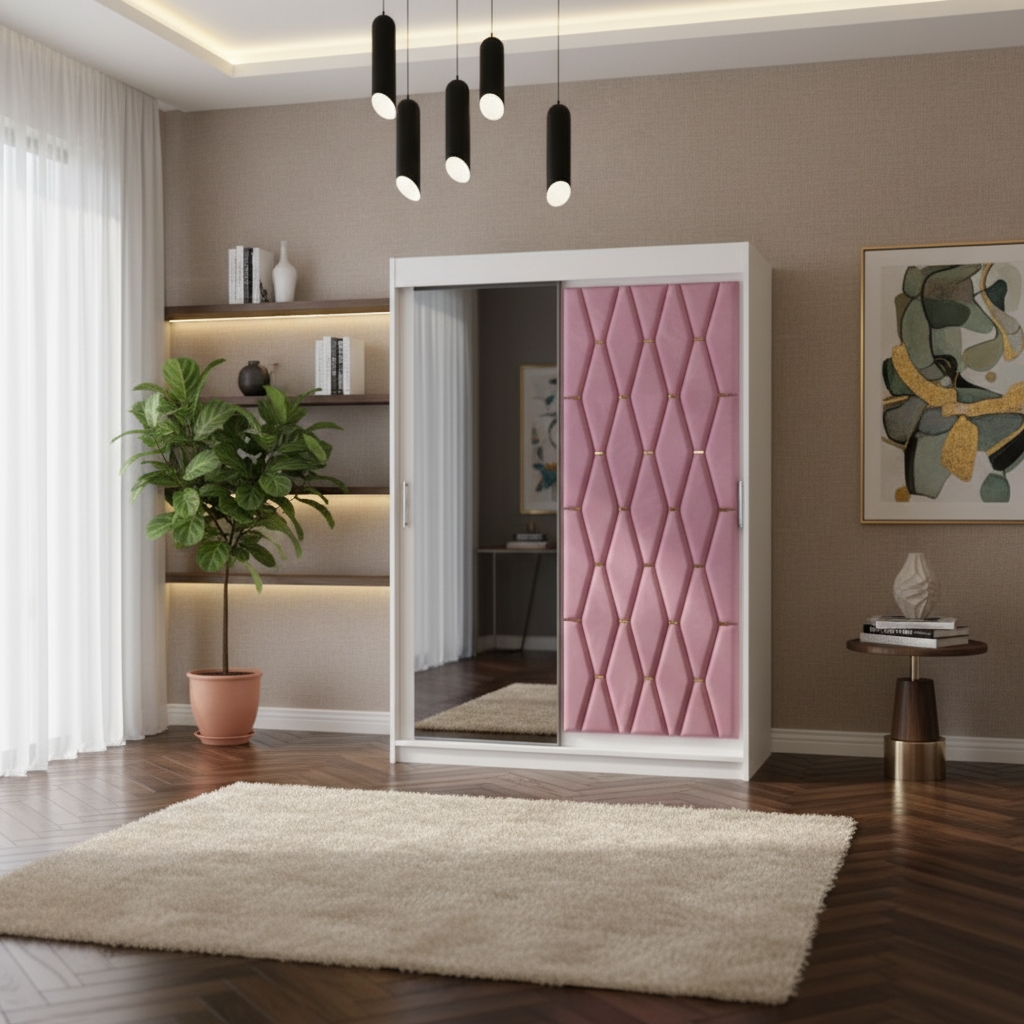 Dressing Verona150x200cm cu usa tapitata roz+oglinda