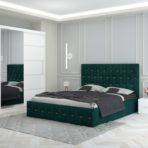 Set dormitor Verona cu pat tapitat verde noptiere si dressing alb 150x200cm