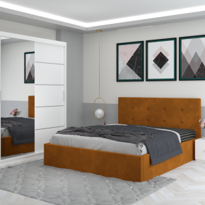 Set Dormitor Catalin cu pat tapitat caramiziu + dressing cu usi glisante si oglinda