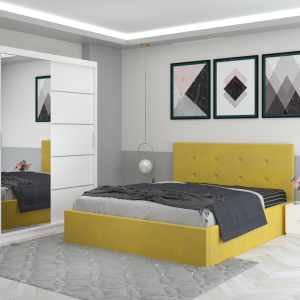 Set Dormitor Catalin cu pat tapitat galben + dressing cu usi glisante si oglinda