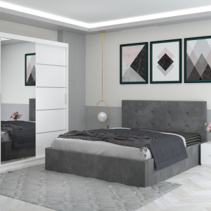 Set Dormitor Catalin cu pat tapitat gri + dressing cu usi glisante si oglinda