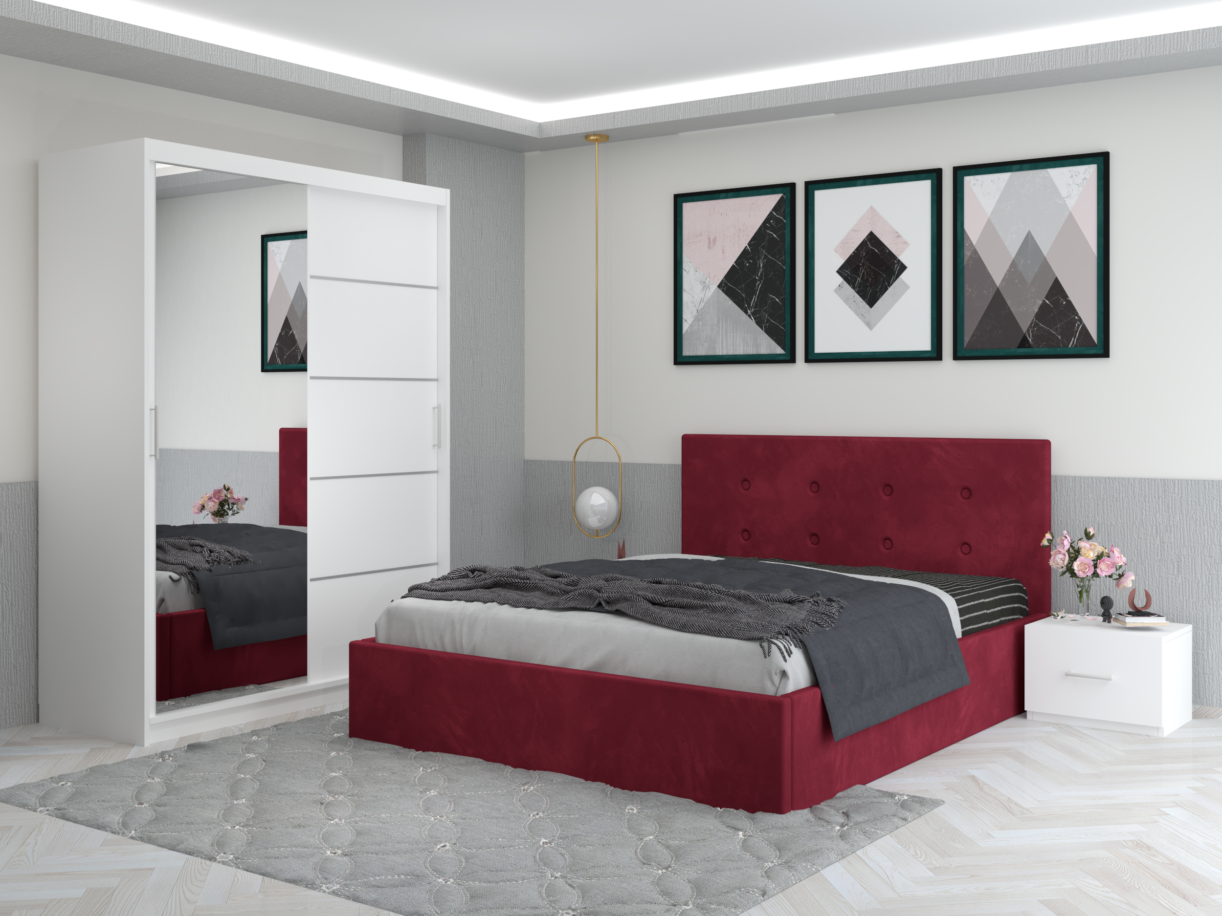 Set Dormitor Catalin cu pat tapitat rosu + dressing cu usi glisante si oglinda