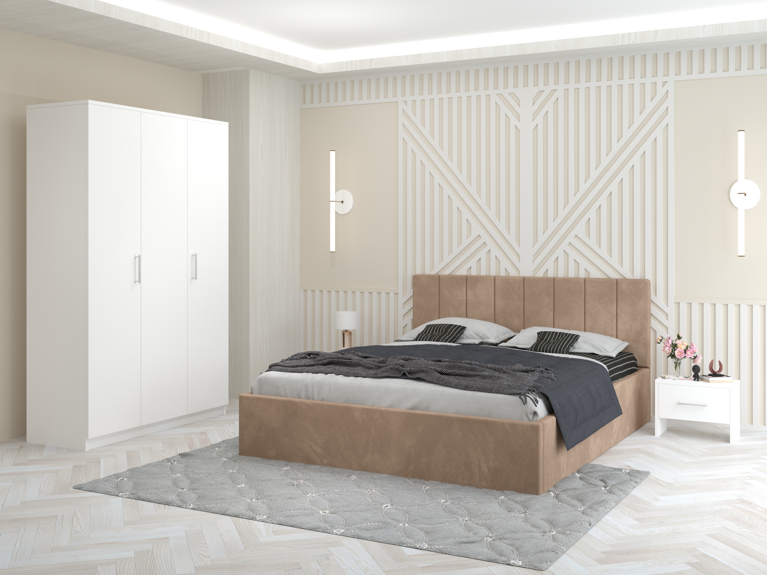 Set dormitor Foxi cu pat tapitat Crem dulap 3 usi si noptiere