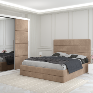 Set dormitor Oxford Crem cu pat tapitat-dressing cu usa tapitat si noptiere