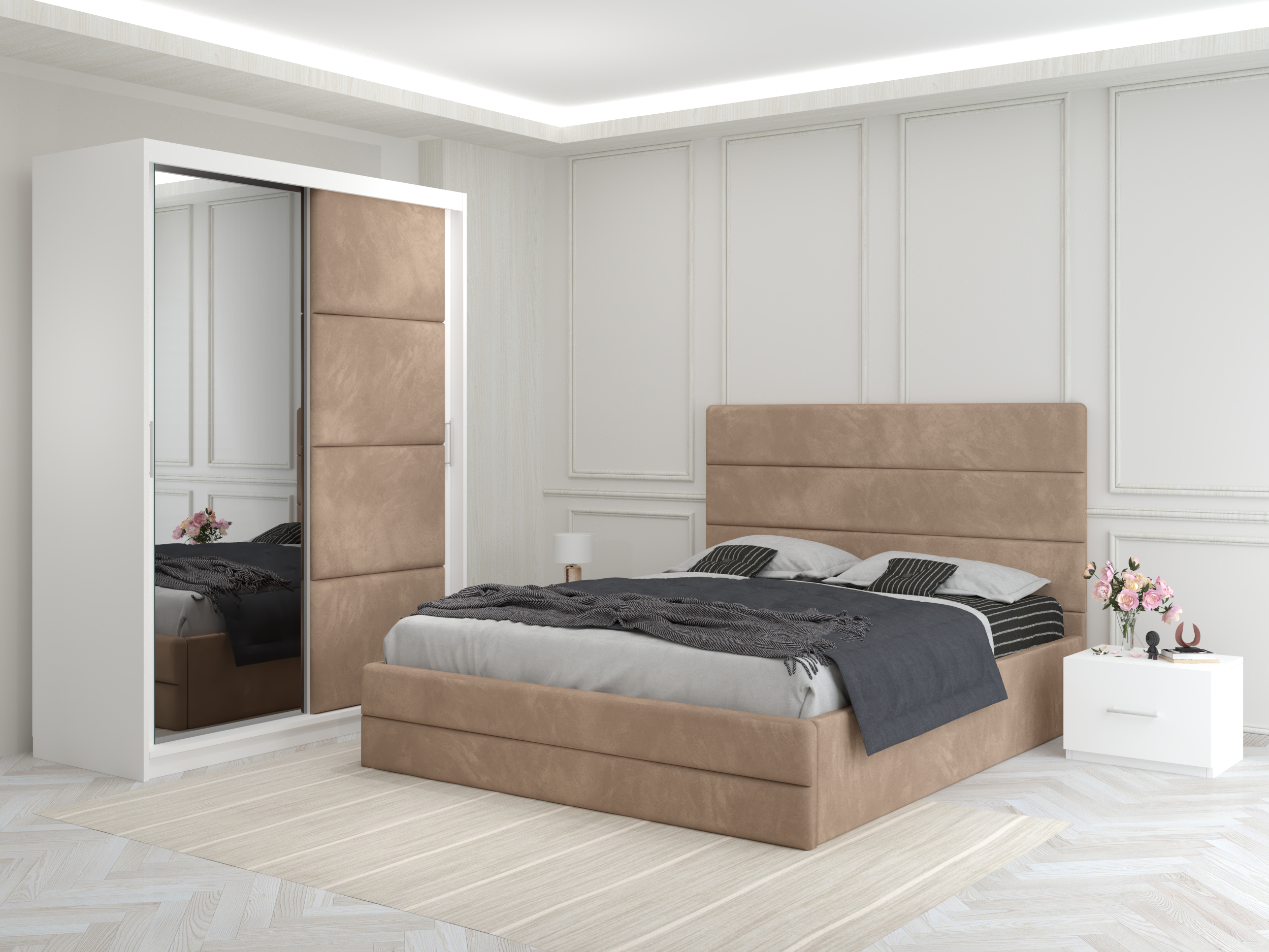 Set dormitor Oxford Crem cu pat tapitat-dressing cu usa tapitat si noptiere