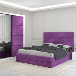 Set dormitor Oxford mov cu pat tapitat-dressing cu usa tapitat si noptiere