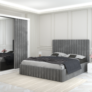 Set dormitor Venus Gri cu pat tapitat noptiere si dulap cu usa tapitata