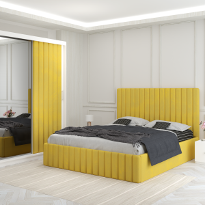 Set dormitor Venus Galben cu pat tapitat noptiere si dulap cu usa tapitata