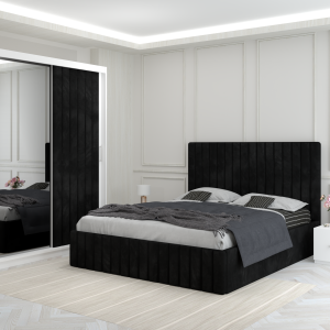 Set dormitor Venus Negru cu pat tapitat noptiere si dulap cu usa tapitata