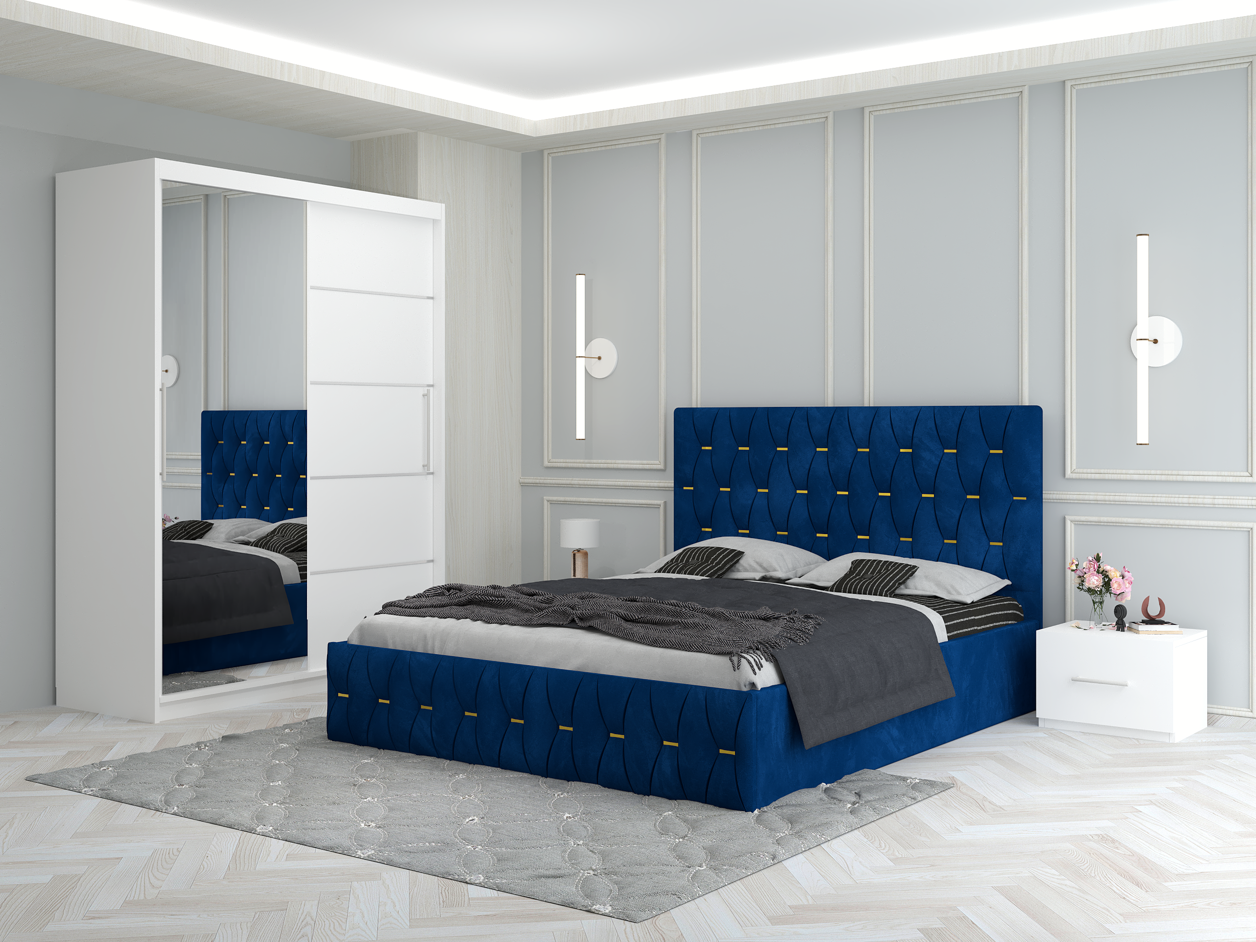 Set dormitor Verona cu pat tapitat albastru noptiere si dressing alb 150x200cm