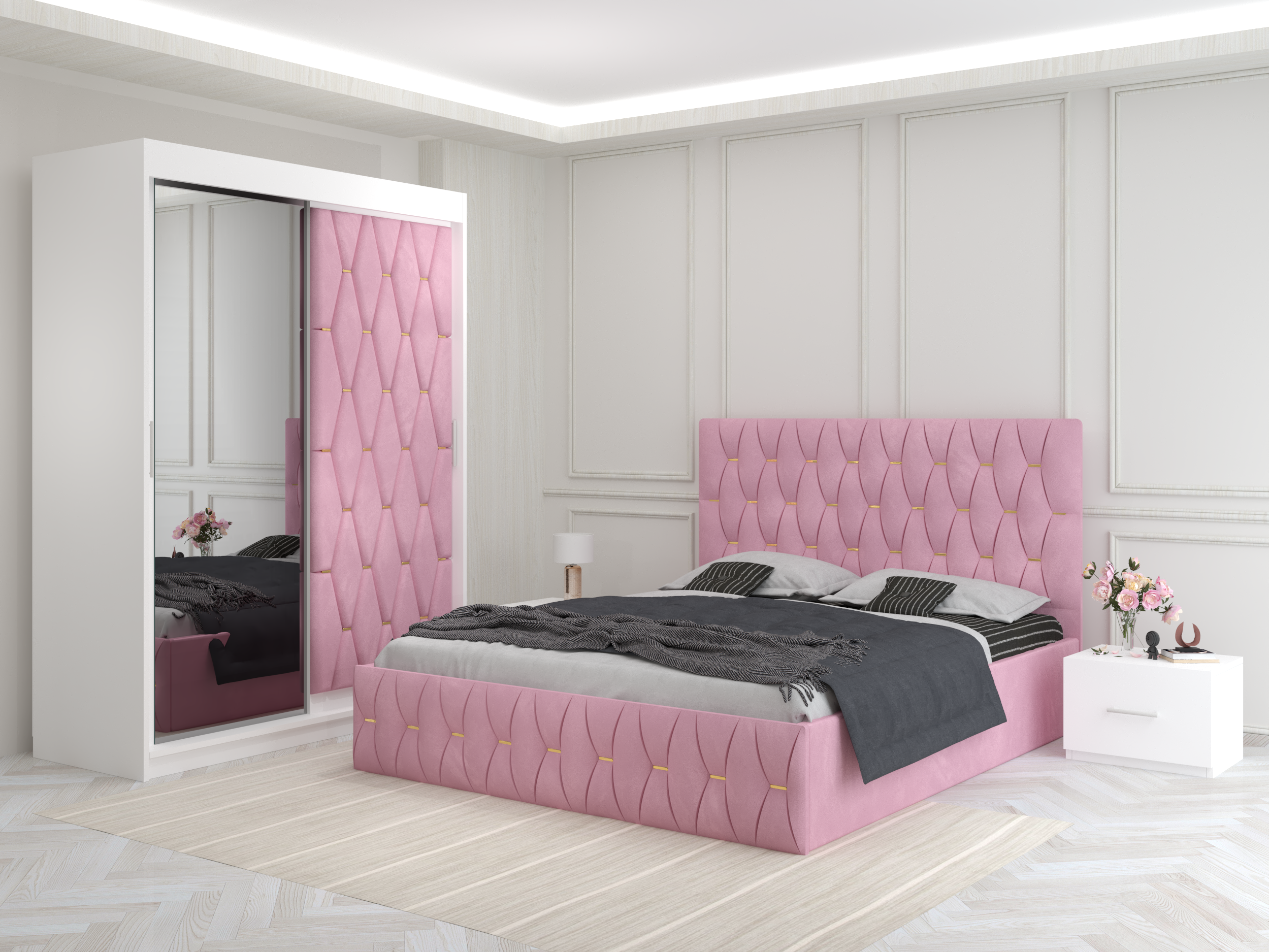 Set dormitor Verona Roz cu pat tapitat noptiere si dressing alb 150x200cm cu usa tapitata + oglinda