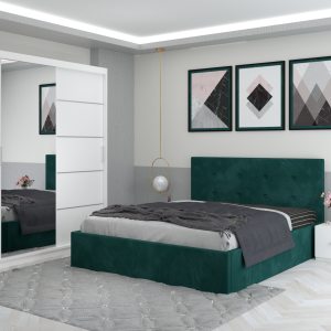 Set Dormitor Catalin cu pat tapitat verde + dressing cu usi glisante si oglinda