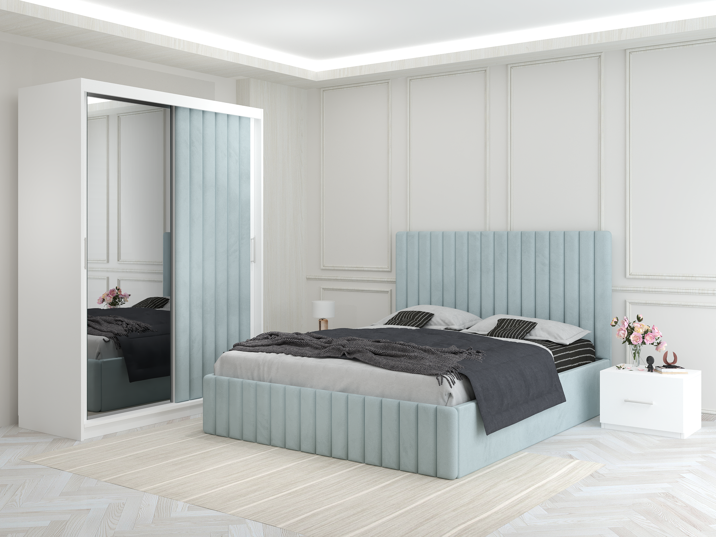 Set dormitor Venus Albastru Deschis cu pat tapitat noptiere si dulap cu usa tapitata