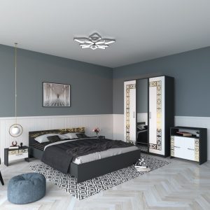 Dormitor EVA Gold Gri Dulap cu Oglinda Pat cu 2 noptiere si Comoda