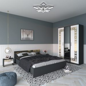 Dormitor EVA Gold Gri Dulap Cu Oglinda si Pat cu 2 Noptiere