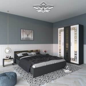 Dormitor EVA Gold Gri Dulap si Pat cu 2 Noptiere
