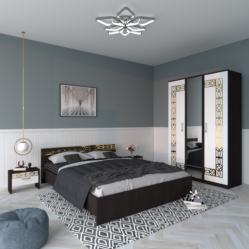 Dormitor EVA Gold Wenge Dulap Cu Oglinda si Pat cu 2 Noptiere