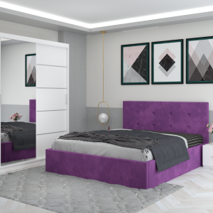 Set Dormitor Catalin cu pat tapitat mov + dressing cu usi glisante si oglinda