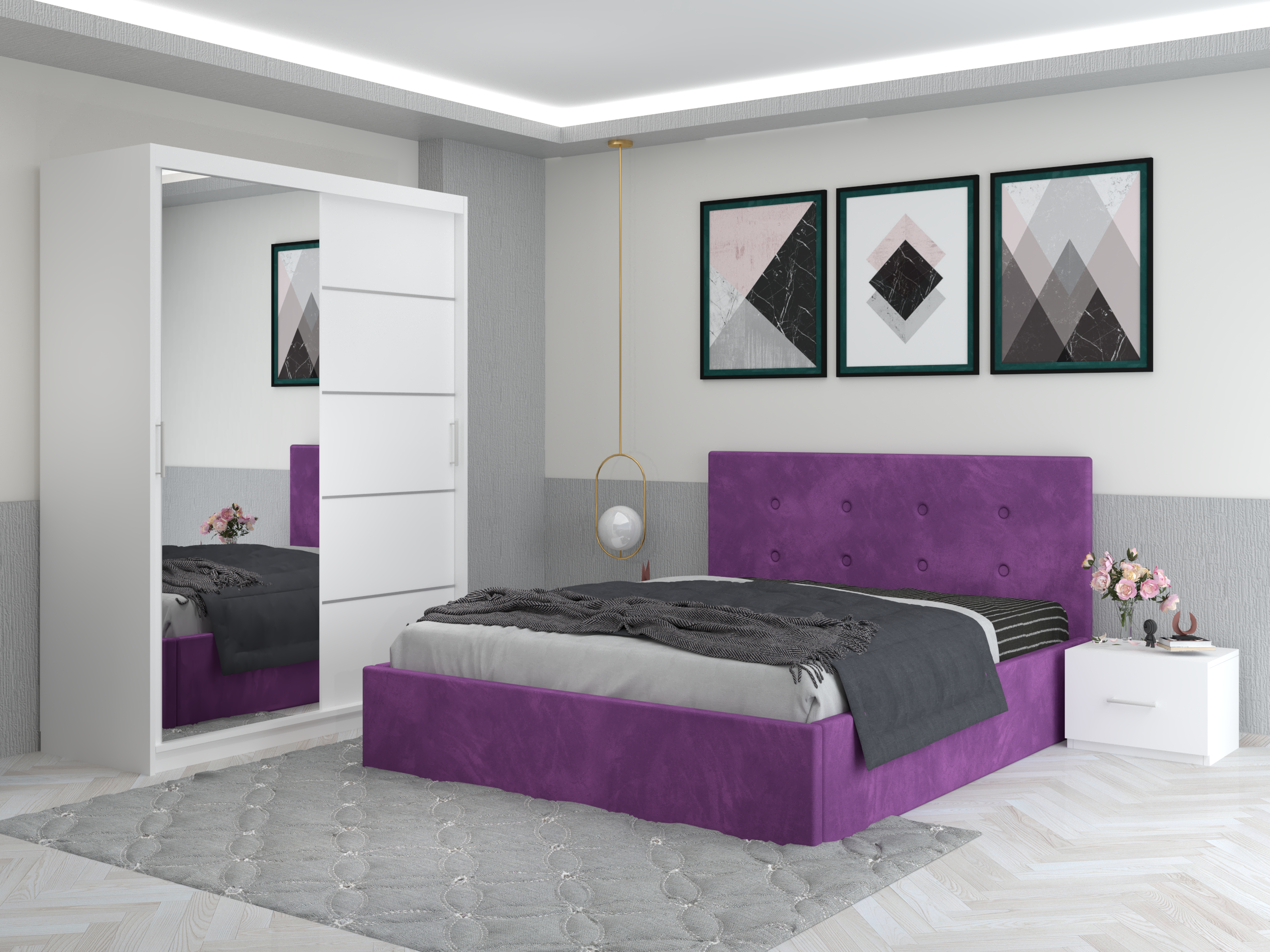 Set Dormitor Catalin cu pat tapitat mov + dressing cu usi glisante si oglinda