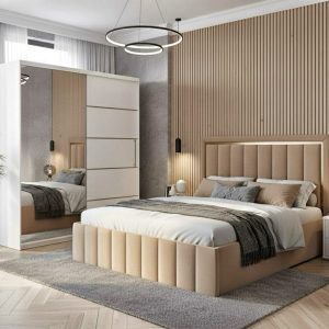 Set dormitor Erik pat tapitat crem cu dressing 150x200cm alb +noptiere