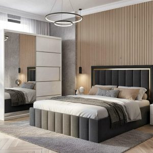 Set dormitor Erik pat tapitat gri cu dressing 150x200cm alb +noptiere