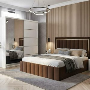 Set dormitor Erik pat tapitat maro cu dressing 150x200cm alb +noptiere