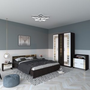 Dormitor EVA Gold Wenge Dulap Pat cu 2 noptiere si Comoda