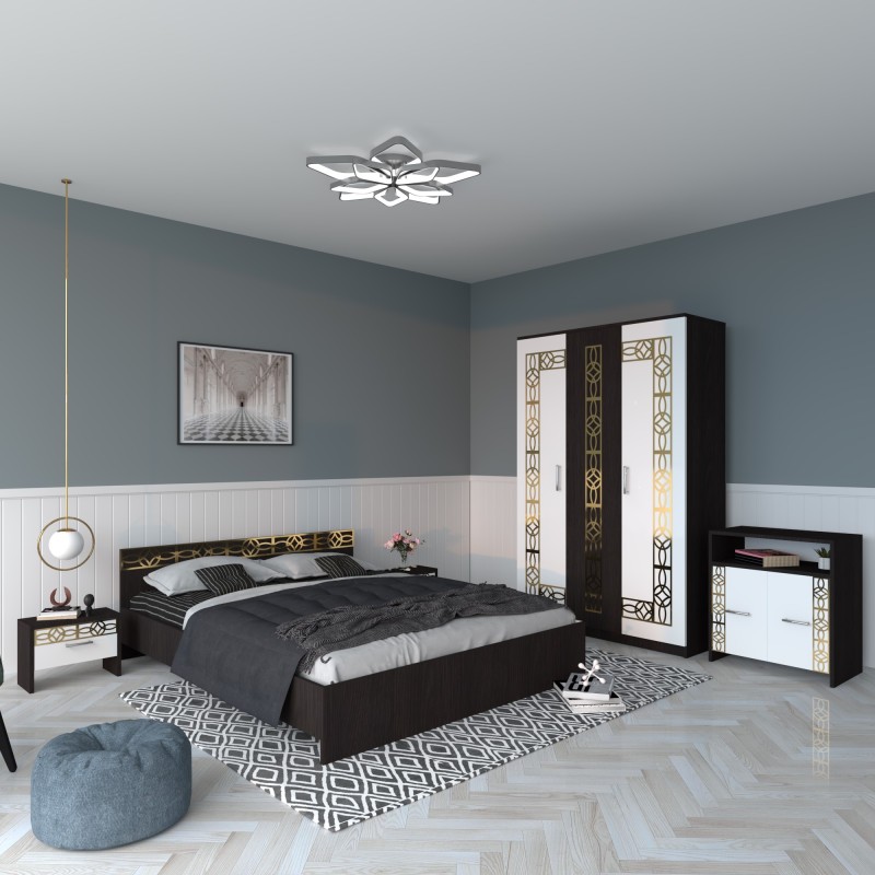 Dormitor EVA Gold Wenge Dulap Pat cu 2 noptiere si Comoda